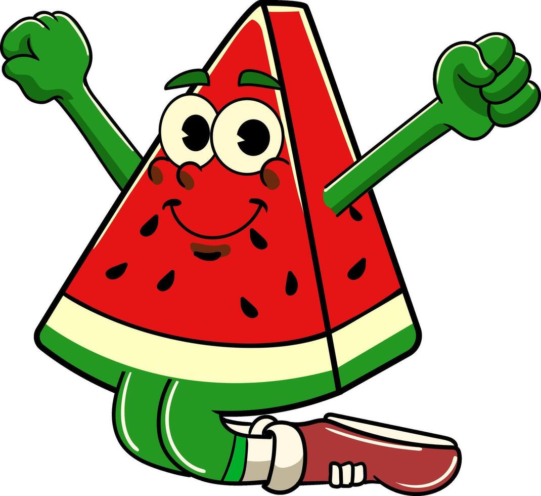 Jumping Watermelon Tropical Summer Vibes Cartoon Character in Retro Vintage Style vector