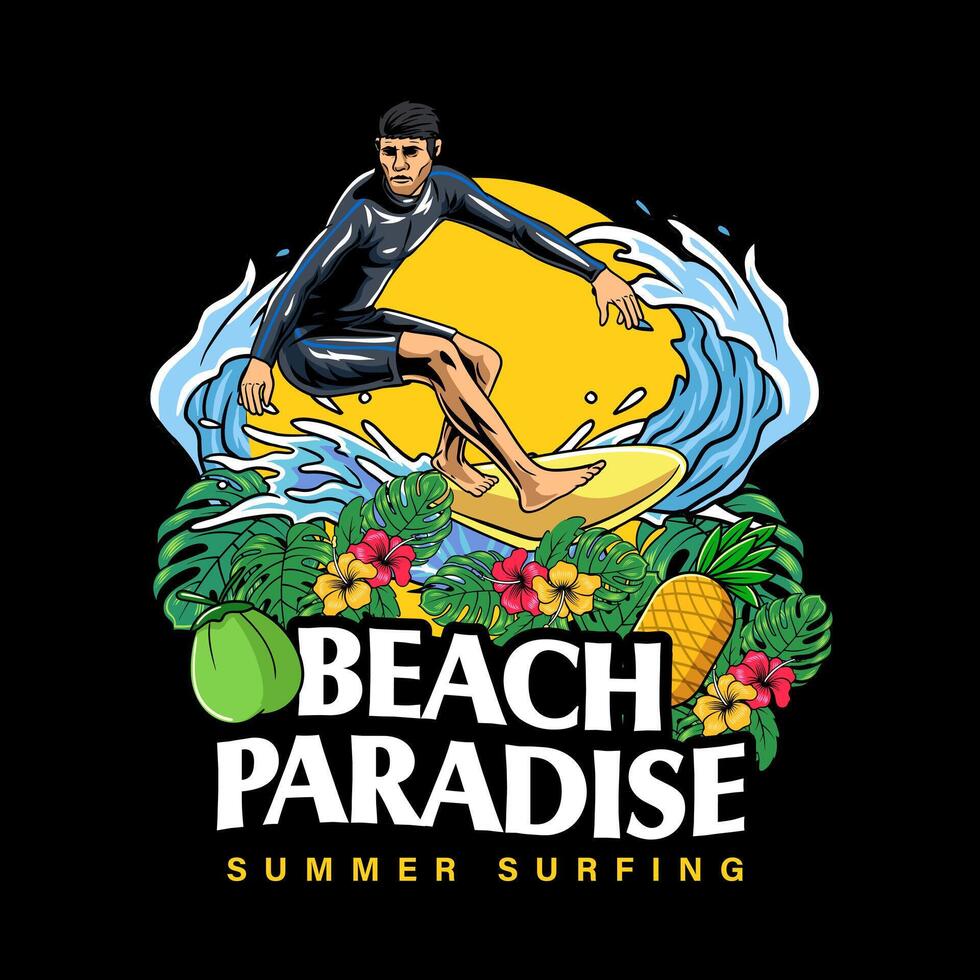 Surfing Man Beach Paradise Mascot Cartoon Character Illustration vector