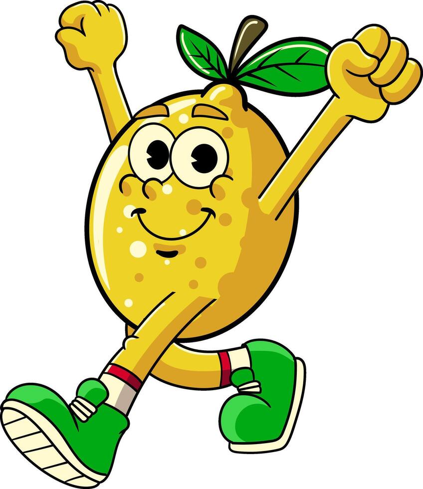 Walking Lemon Tropical Summer Vibes Cartoon Character in Retro Vintage Style vector