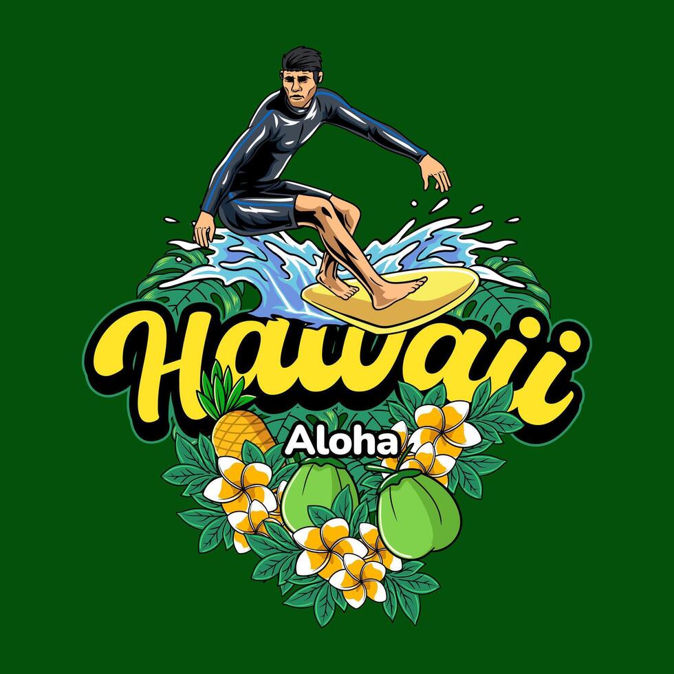 Hawaiian Man play Surfing Mascot Cartoon Character Illustration vector