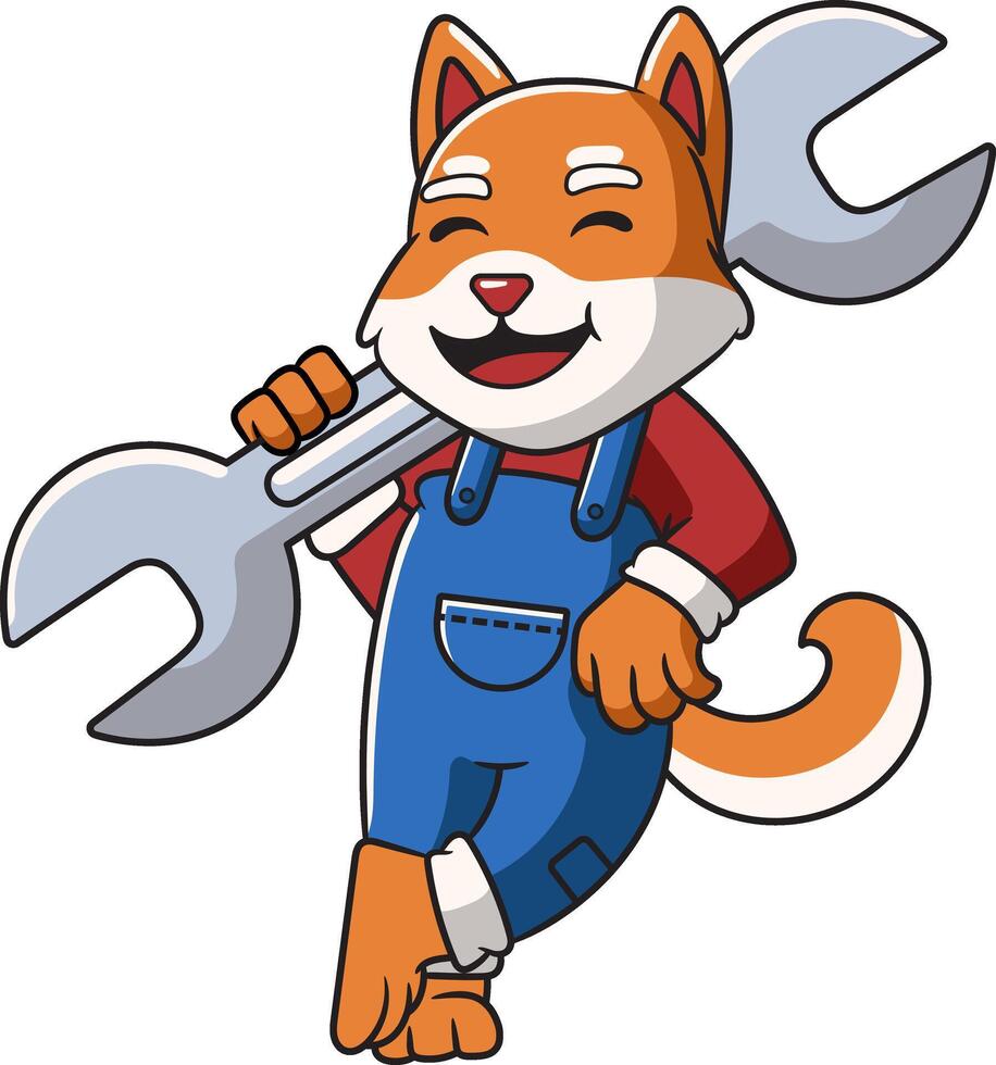 Happy Shiba Inu Dog Mechanic holding Wrench or Spanner Cartoon Character Illustration vector