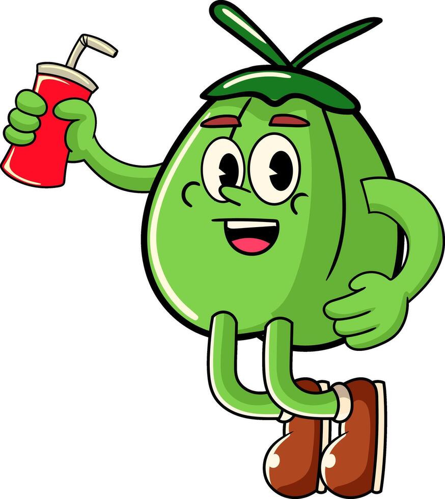 Happy Coconut holding soda can Tropical Summer Vibes Cartoon Character in Retro Vintage Style vector