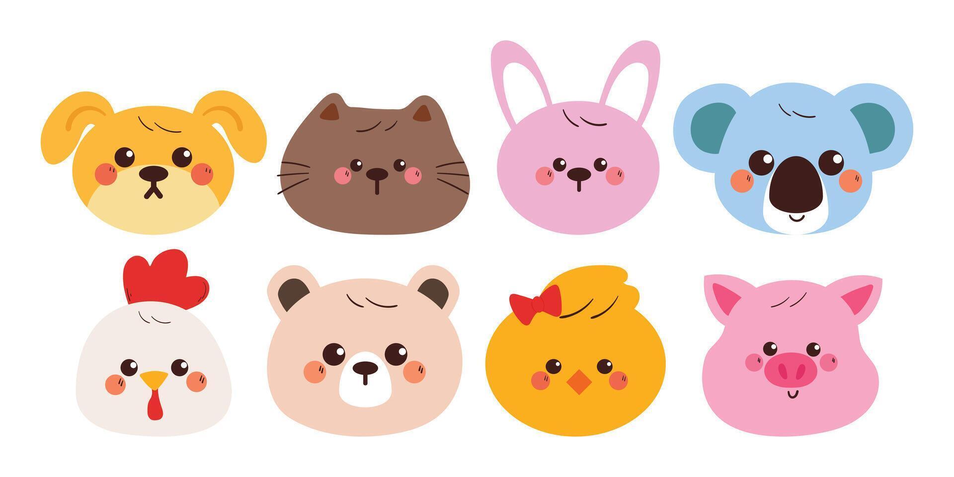 hand drawing cartoon animal head sticker set. cute animal drawing, doodle set vector