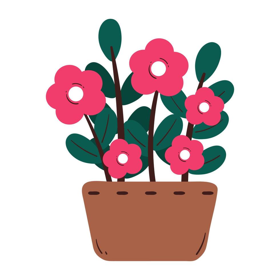 hand drawing cartoon pink flower inside pot. cute flower and leaves drawing, doodle for sticker or icon vector