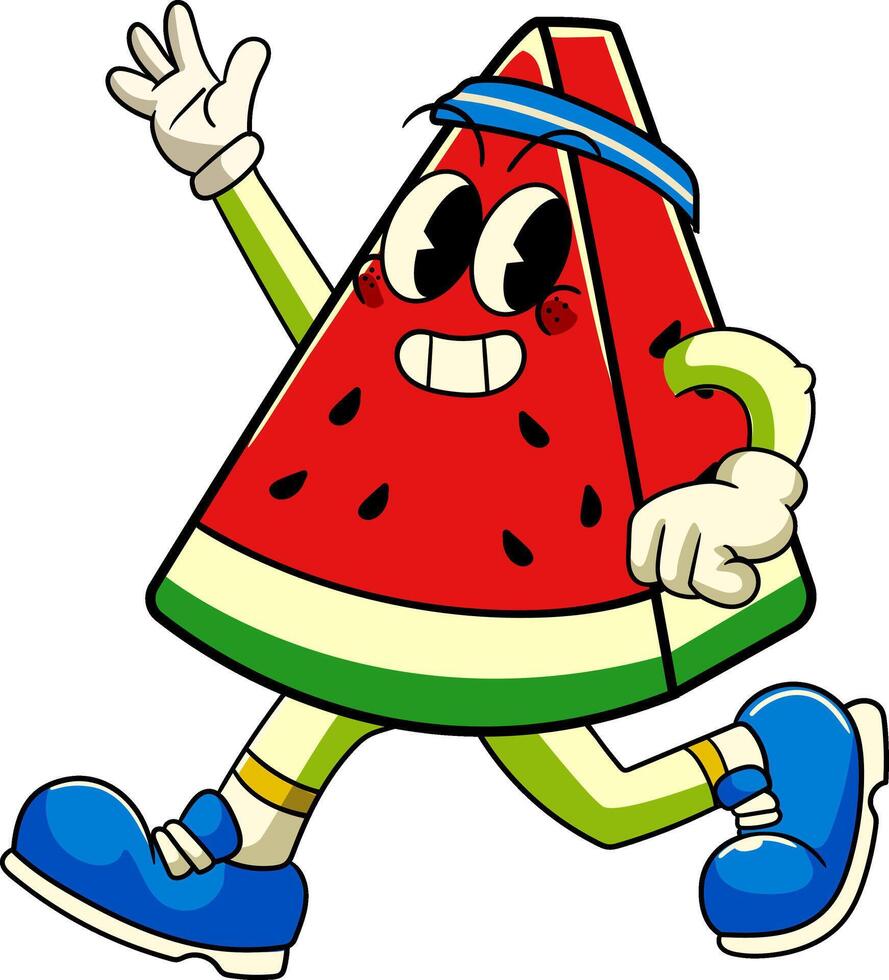 Walking Watermelon Tropical Summer Cartoon Character Isolated in Retro Style vector