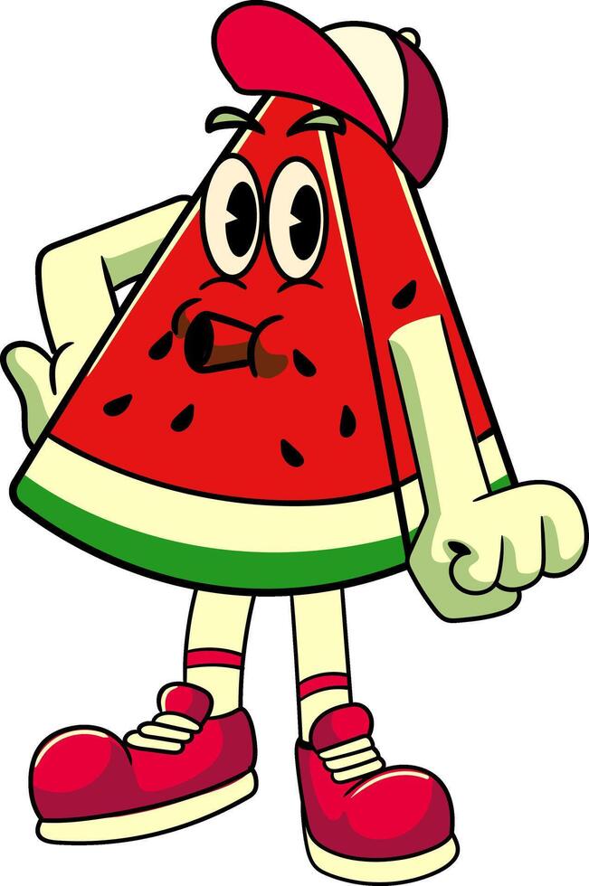 Watermelon Tropical Summer Vibes Cartoon Character in Retro Vintage Style vector