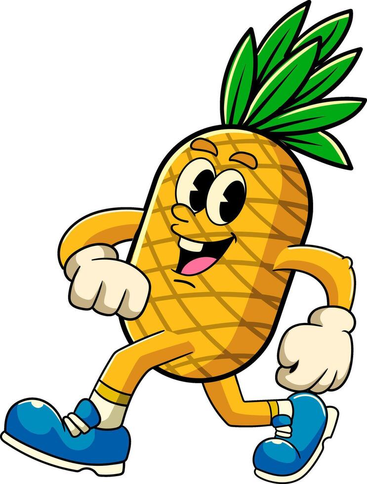 Walking Pineapple Tropical Fruit Cartoon Character in Retro Vintage Style vector
