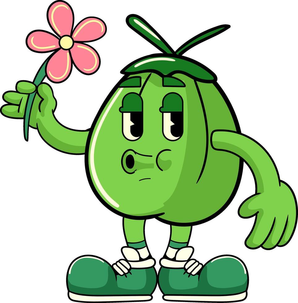 Happy Coconut holding flower Tropical Summer Vibes Cartoon Character in Retro Vintage Style vector