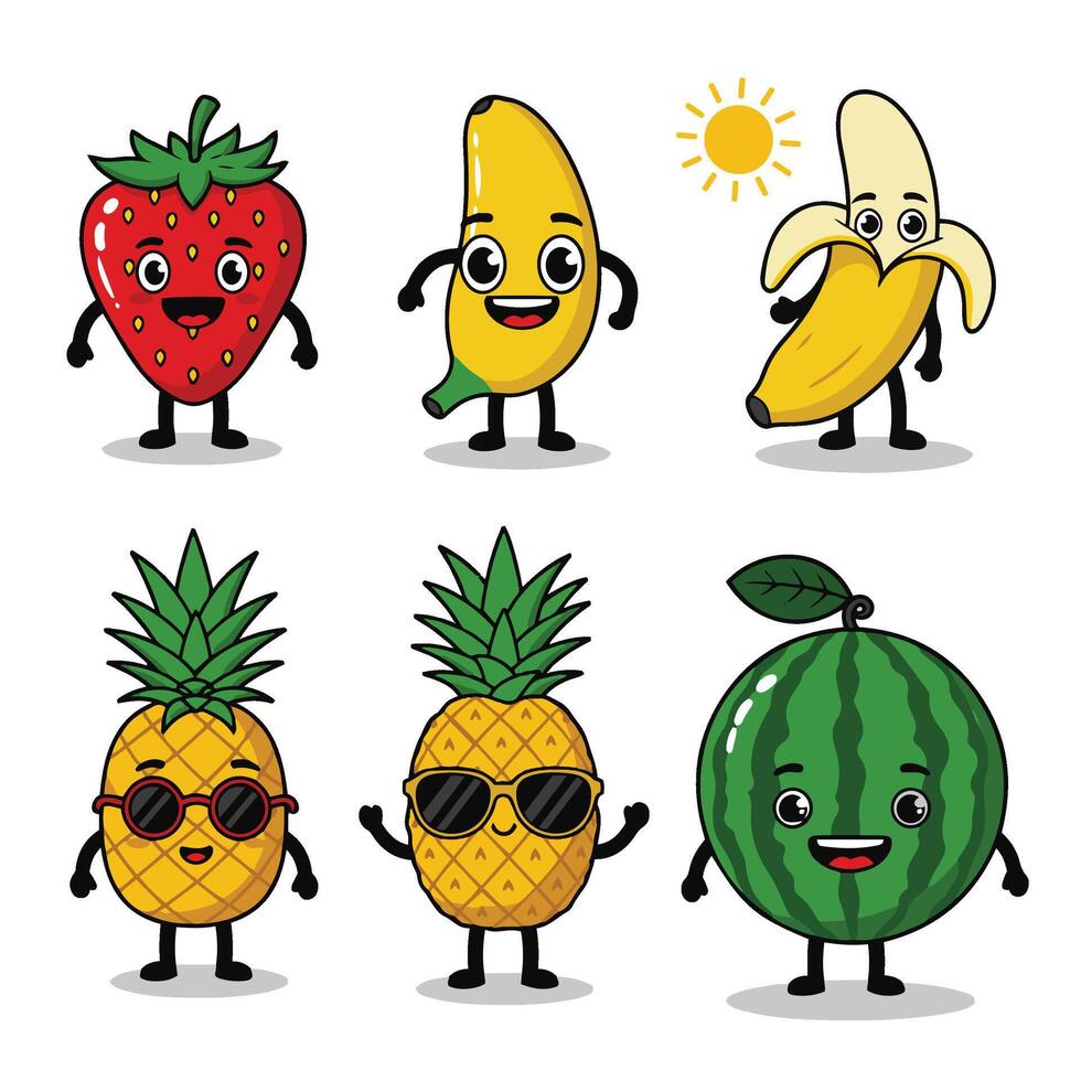 Whimsical Happy Fruit Cartoon Characters with Playful Food Art vector