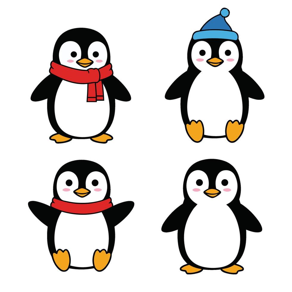 Whimsical Penguin Icons with Sweet and Fun Cartoon Expressions vector