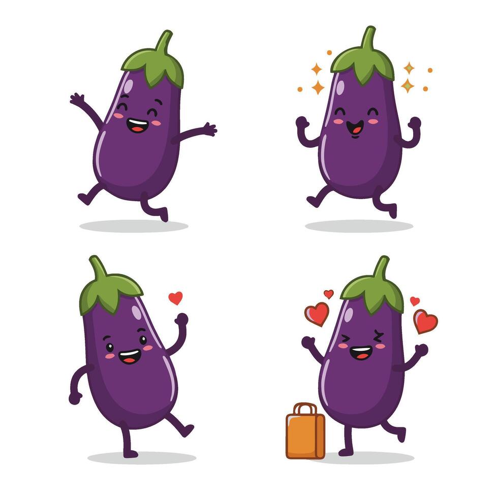 Smiling Eggplant Character Set with Expressive and Cute Emotions vector