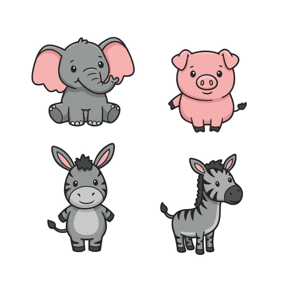 Cute Elephant Pig Zebra Baby Zoo Animal Cartoon Farm Digital Art vector