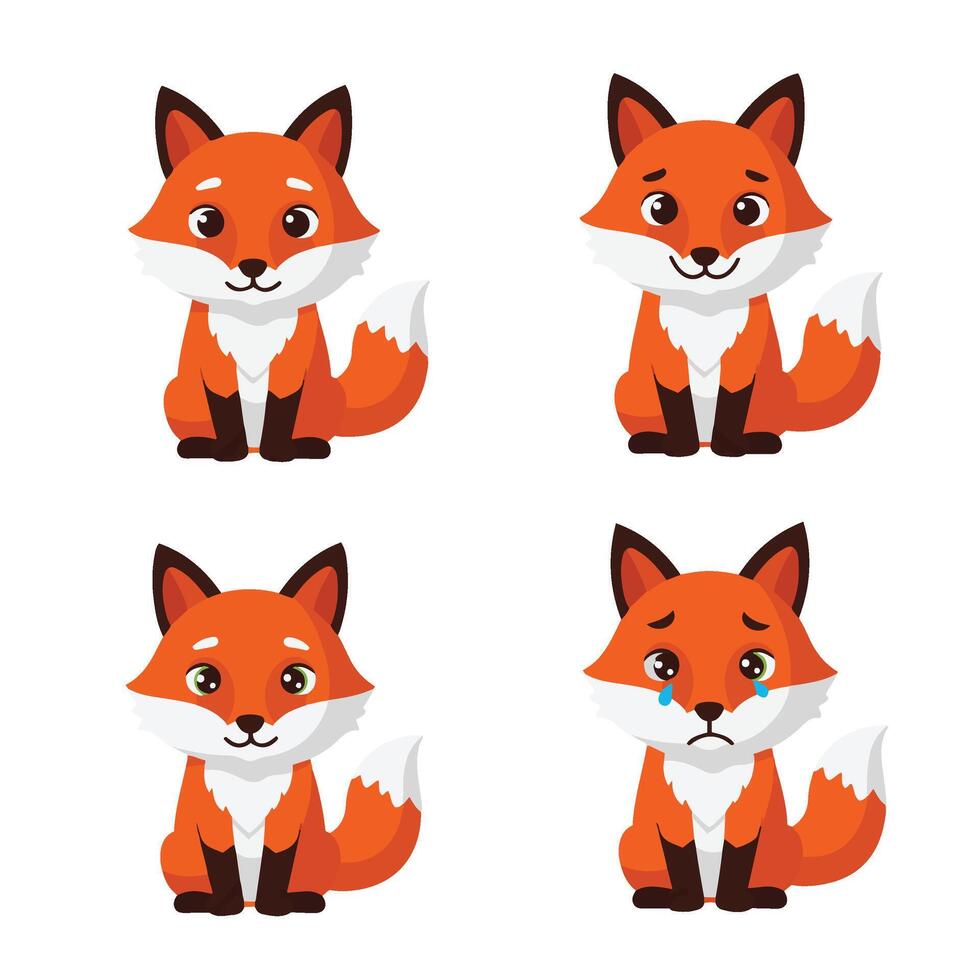 Cute Fox Character Expressions Happy Crying Sad Cartoon Fox Face vector
