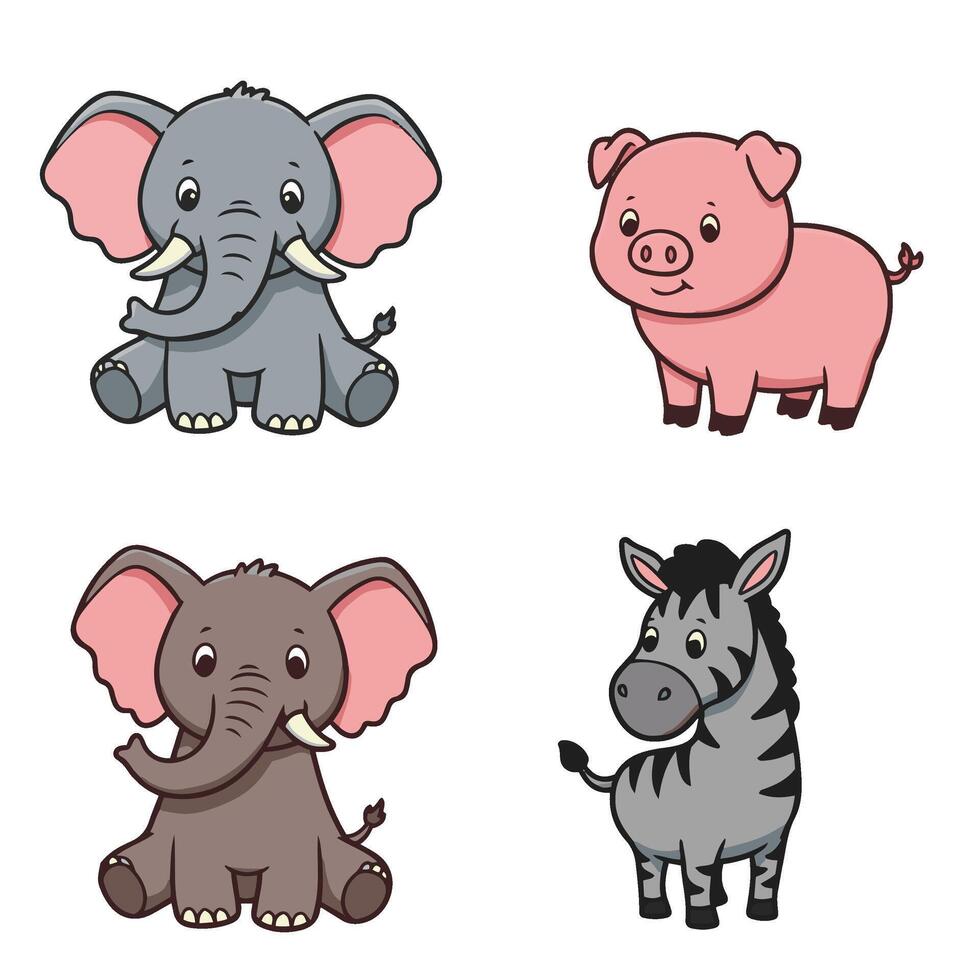 Cute Baby Zoo Animal Adorable Elephant Pig Zebra Cartoon Farm Set vector
