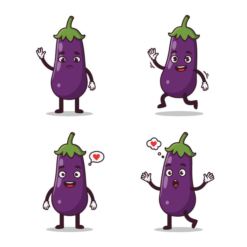 Happy Eggplant Character with Cheerful Expressions and Cute Design vector