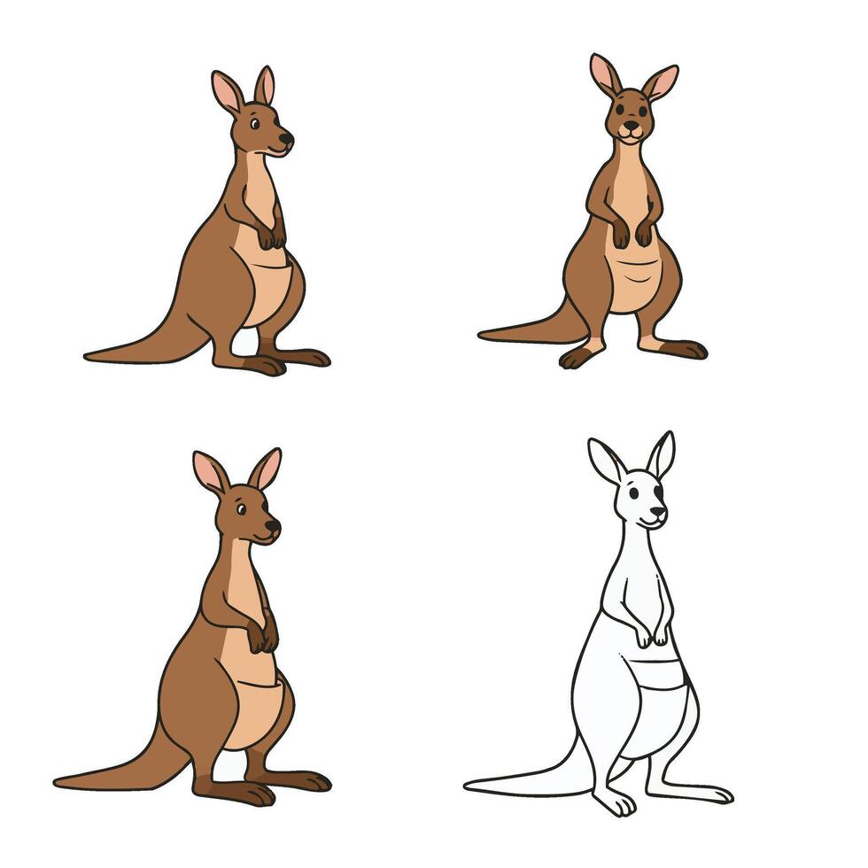 Cartoon Kangaroo Set Cute Happy Kangaroo Reading Fun Standing Art vector