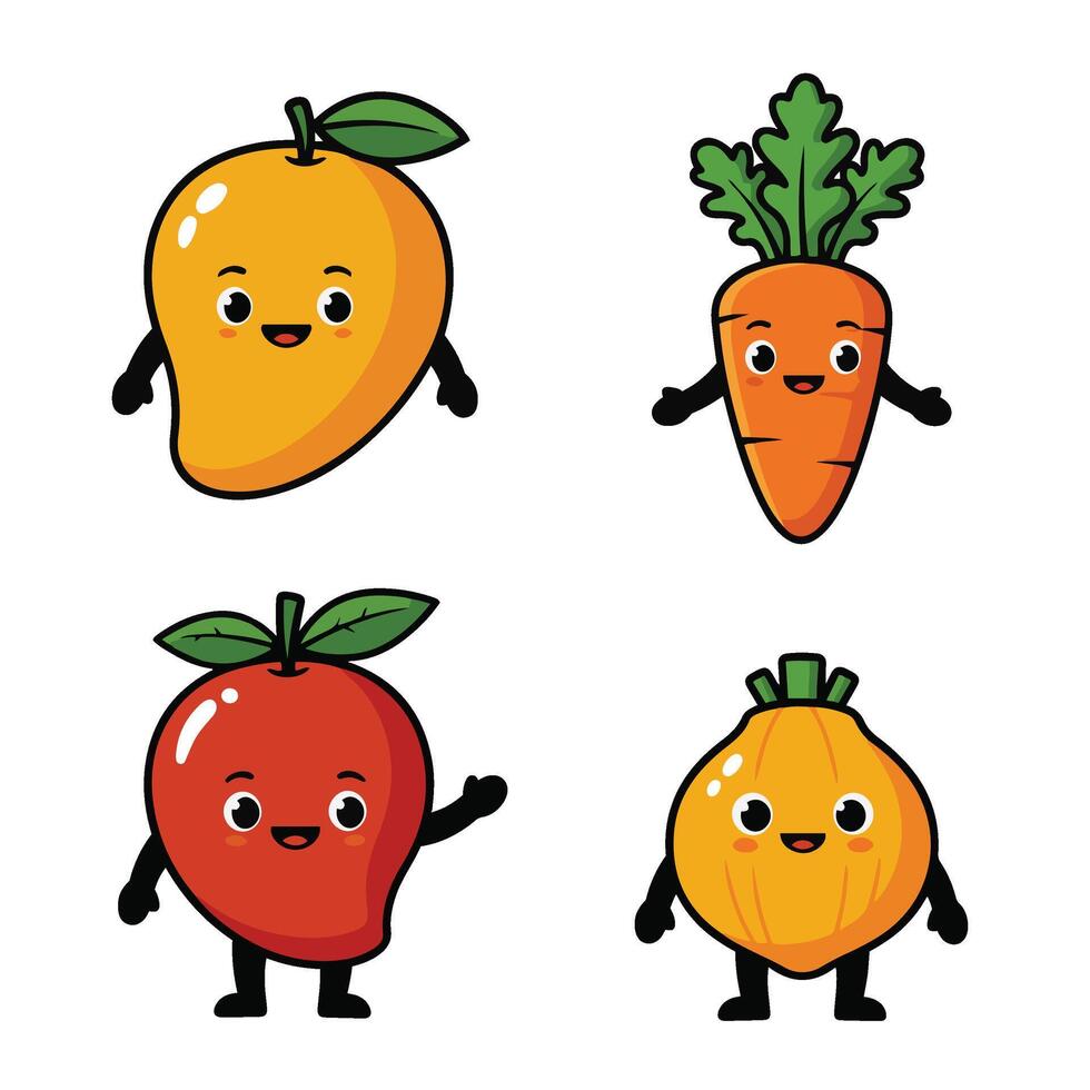 Happy Face Mango Carrot With Expressive Smiling Eyes and Leaves vector