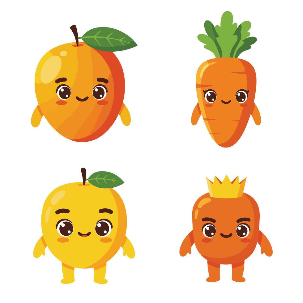 Cute Cartoon Mango Carrot with Happy Expressions and Bright Colors vector
