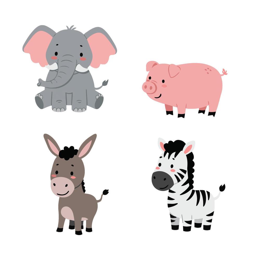 Happy Cute Baby Animal Smiling Elephant Pig Zebra Cartoon Farm Pack vector