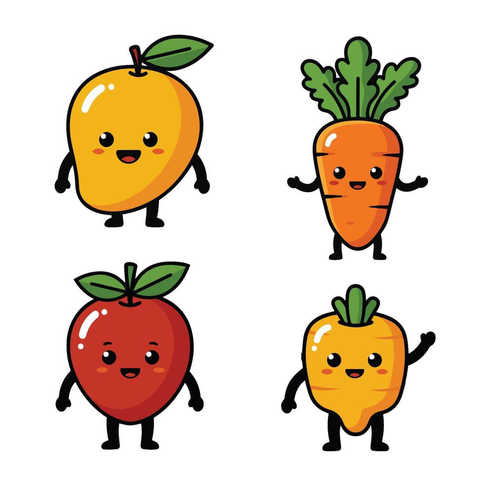 Cute Cartoon Mango Carrot with Joyful Expressions and Details vector