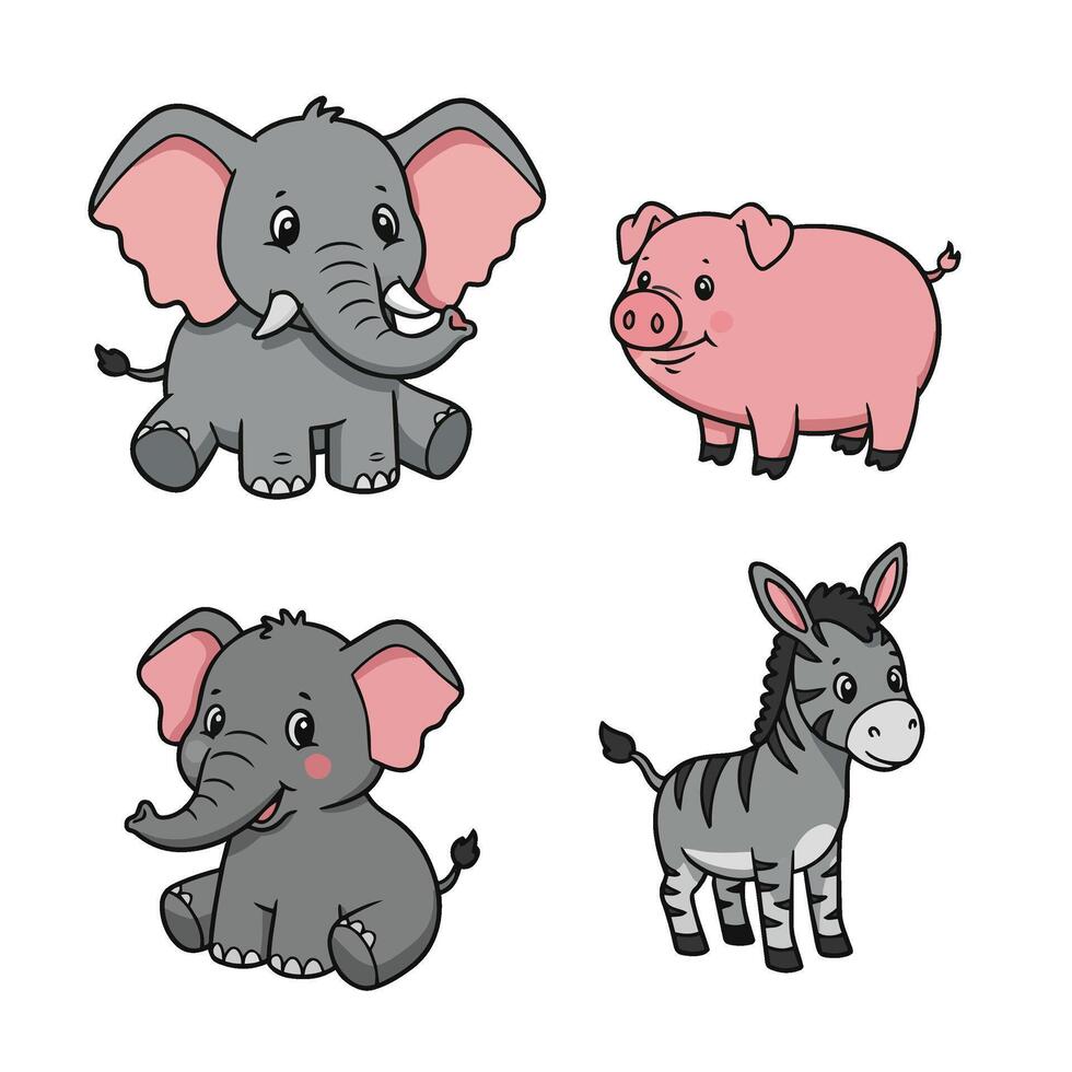 Cute Baby Zoo Animal Happy Elephant Pig Zebra Cartoon Farm Artwork vector