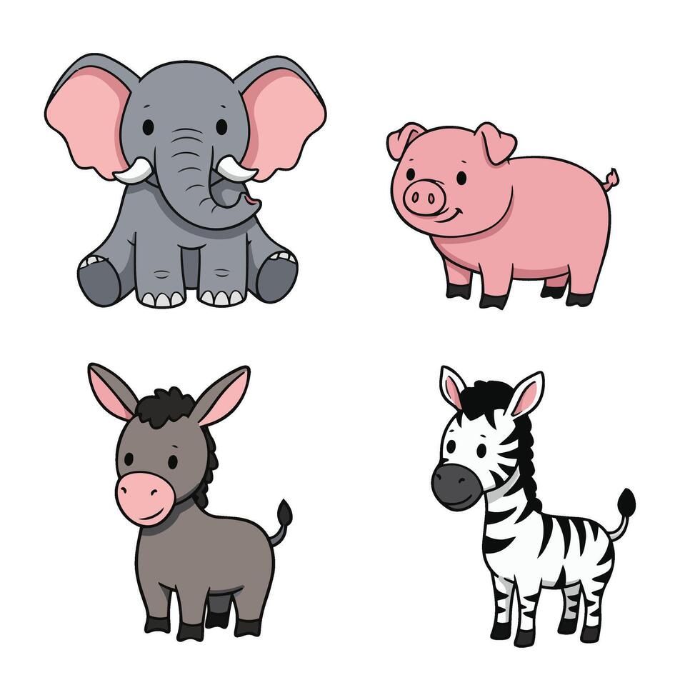Cartoon Farm Cute Baby Animal Smiling Elephant Pig Zebra Design vector