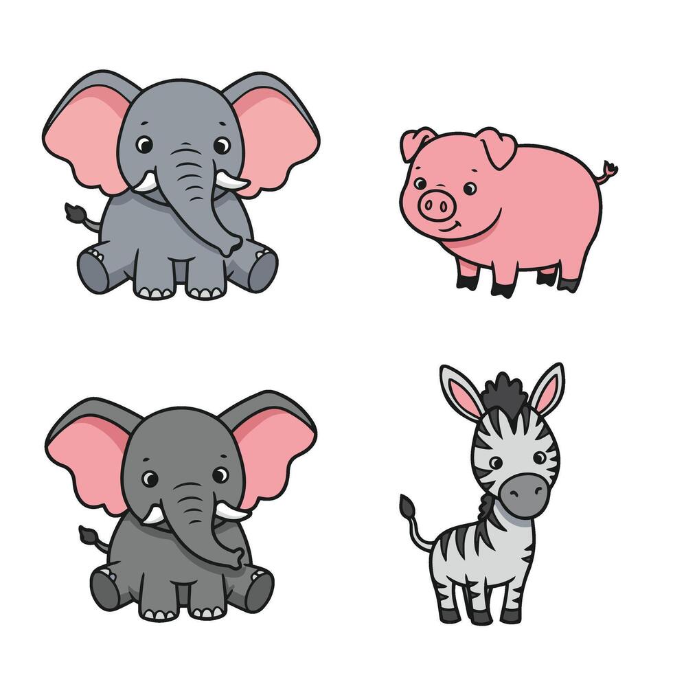 Adorable Cute Baby Animal Happy Elephant Pig Zebra Cartoon Farm Art vector
