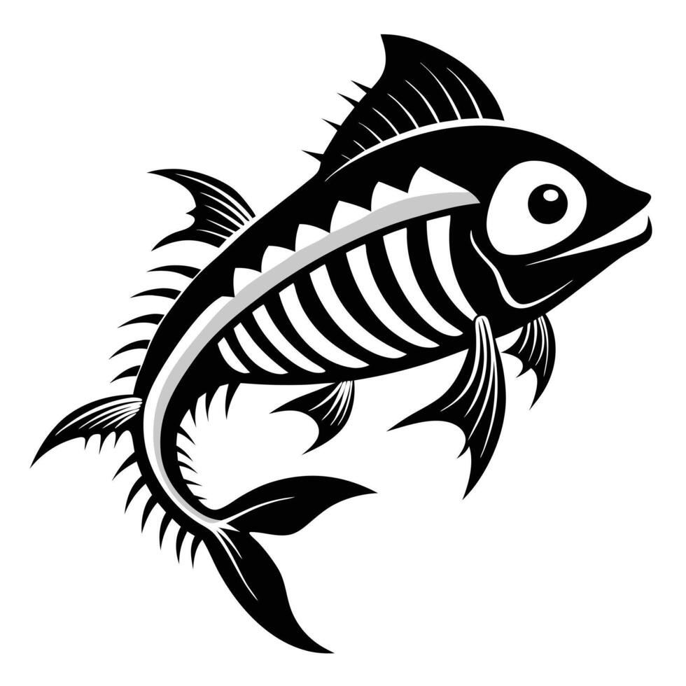 Black and White Fish Skeleton Illustration - Fun Cartoon Style vector