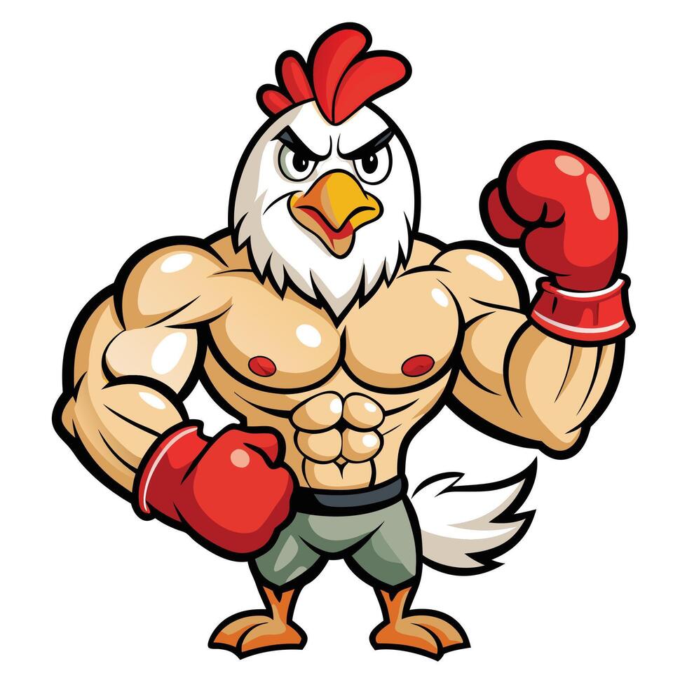 Bodybuilder Chicken in Boxing Gloves - Funny Cartoon Character vector