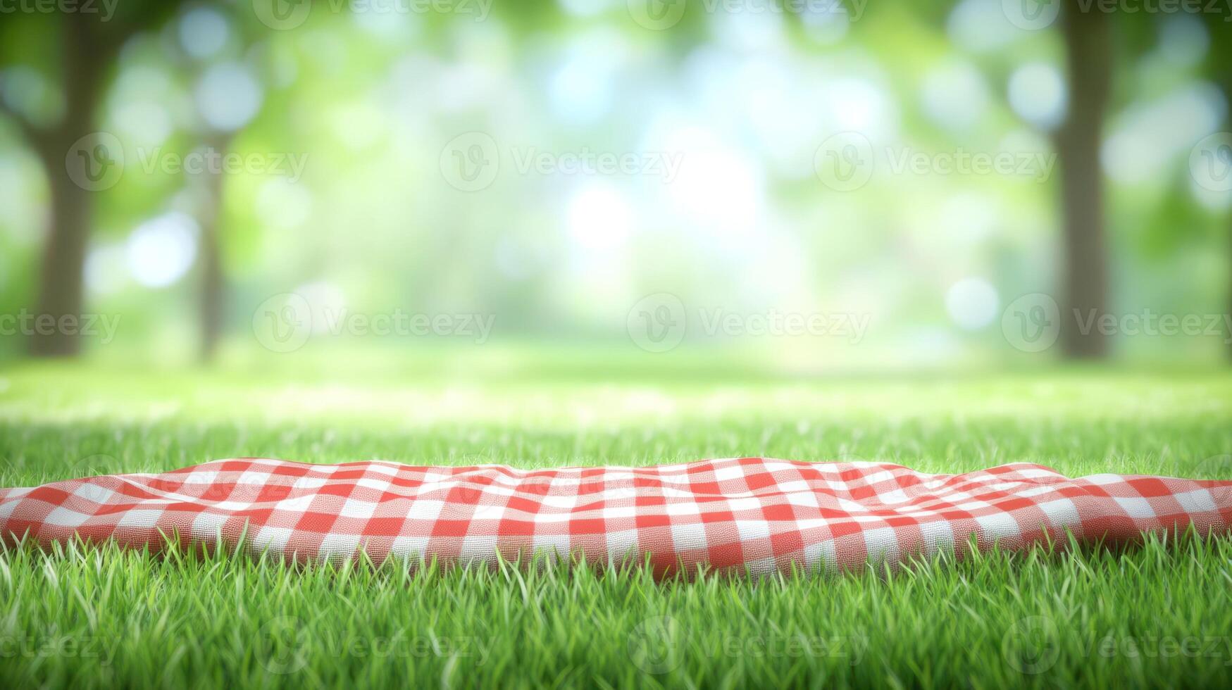 A red and white checkered blanket spread on lush green grass in a tranquil park setting photo