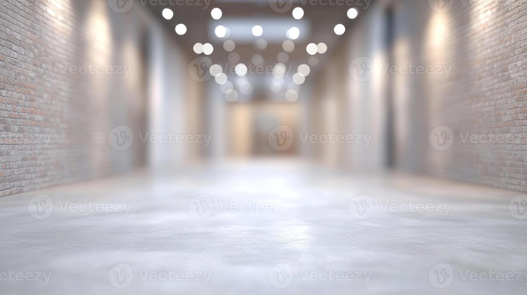 Soft lighting creates a calm atmosphere in a spacious corridor featuring textured brick walls photo