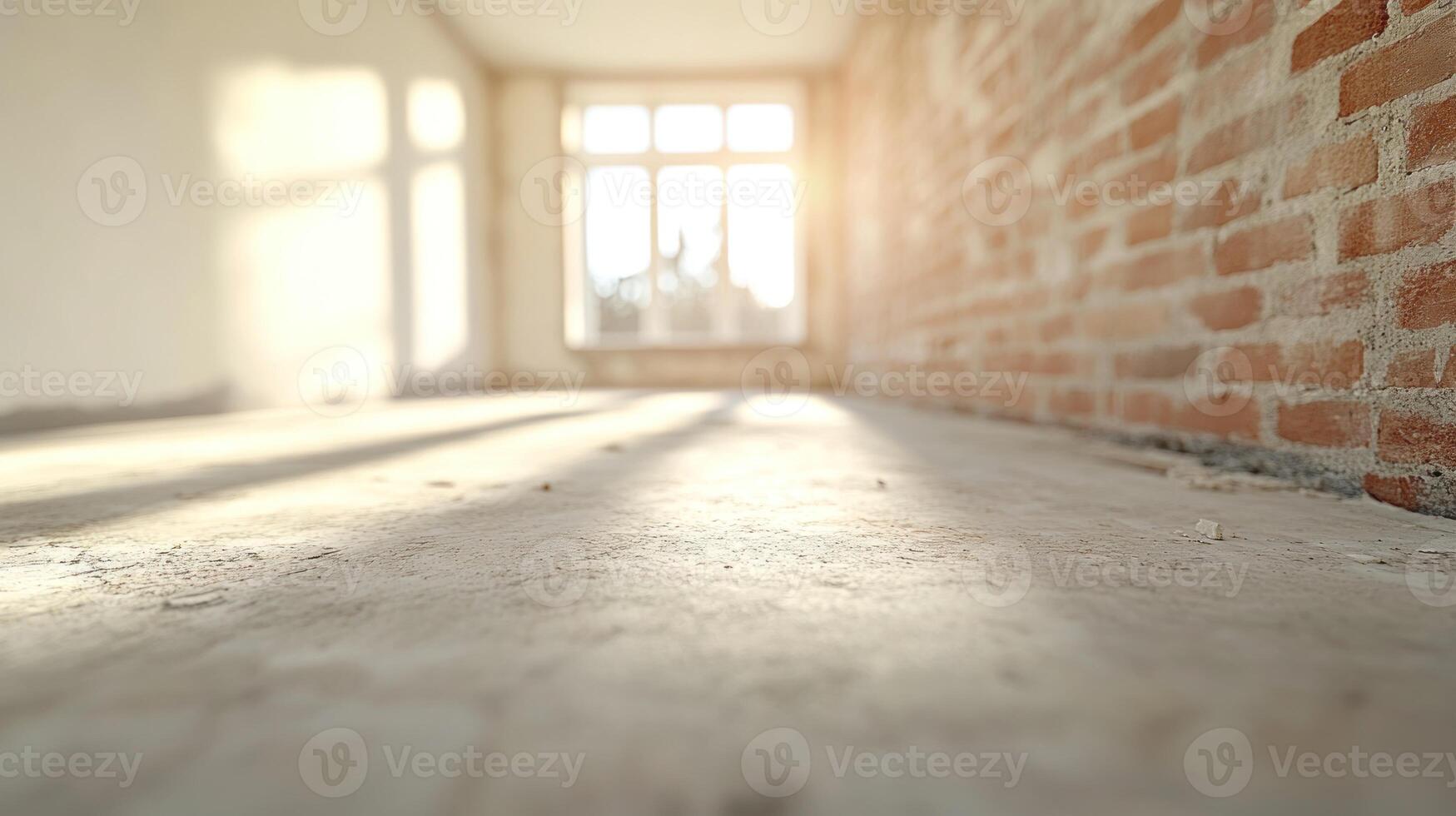 Sunlight streams into a large room with unfinished features, casting shadows on the bare concrete floor photo