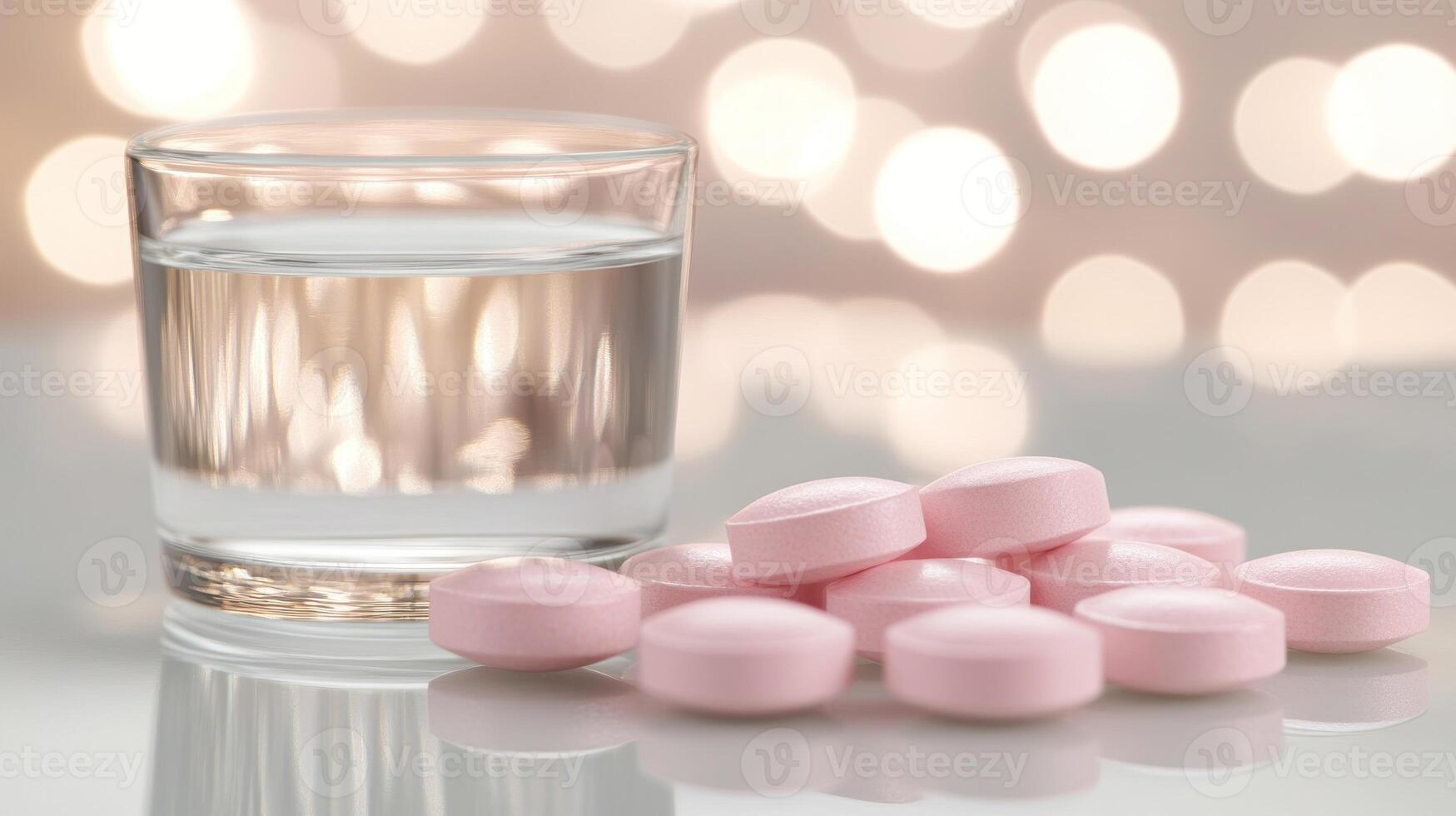 Pink tablets are scattered next to a glass of water, creating a serene and inviting atmosphere photo