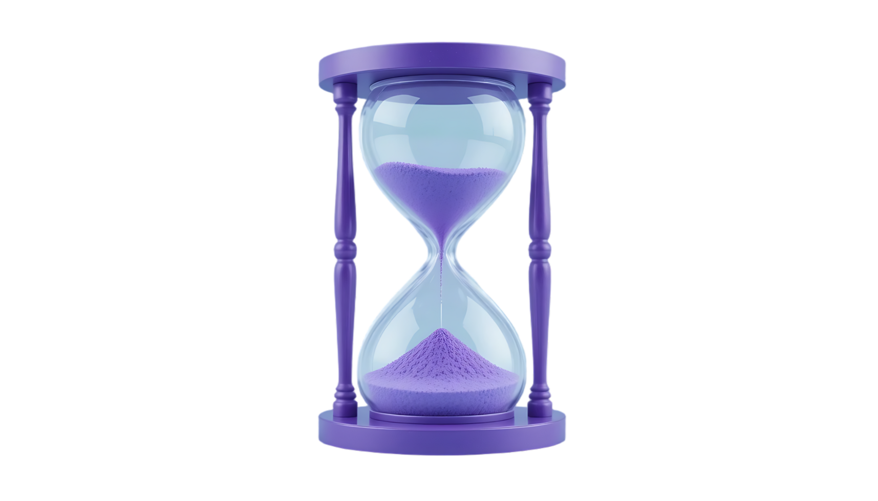 3D rendered purple hourglass icon featuring flowing sand symbolizing time elegance and modern design for visual branding and creativity png