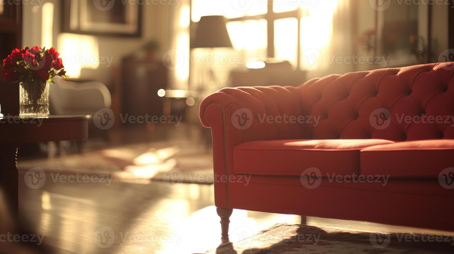 Sunlight streams into a stylish living room featuring a red tufted sofa and a vase of flowers photo