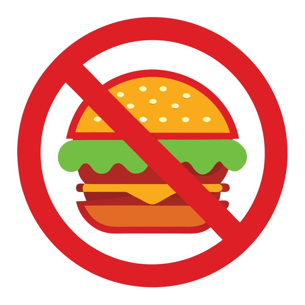 No Fast Food Allowed - Red Banned Sign with Burger and Drink vector