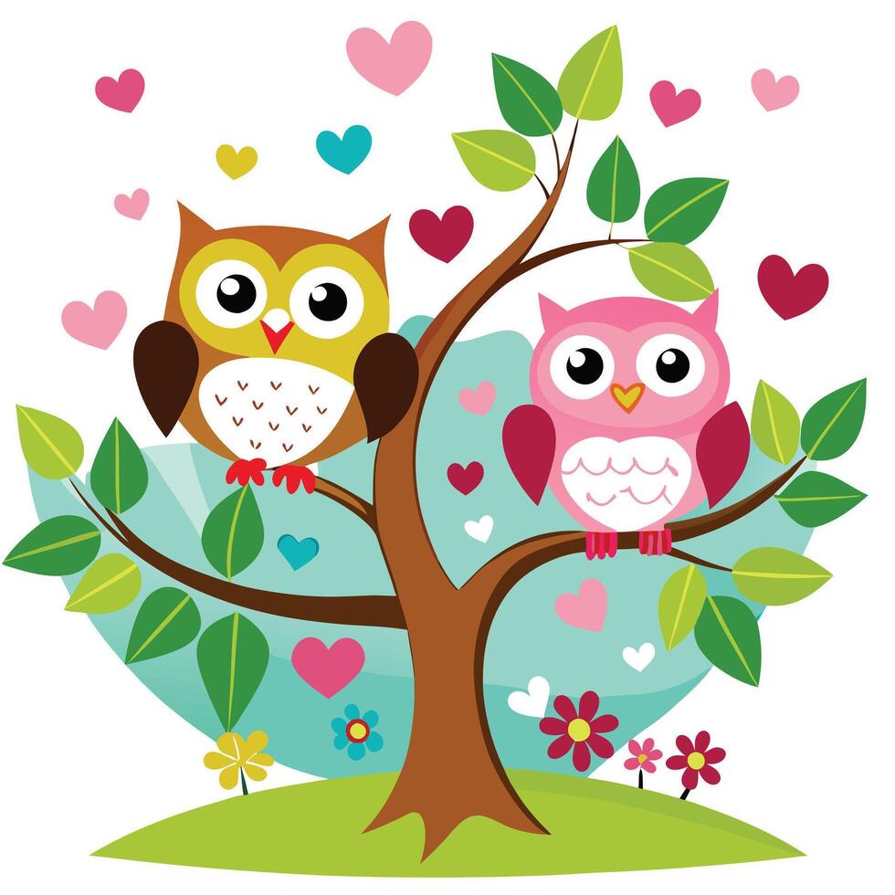 Happy Family of Owls on a Tree with Love Hearts Fun and Bright Illustration vector