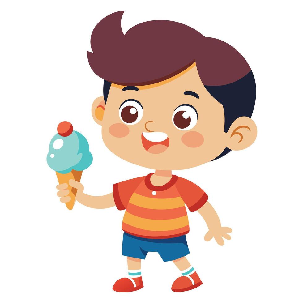 Sweet Treats and Smiles Cute Little Boy Holding an Ice Cream Cone vector