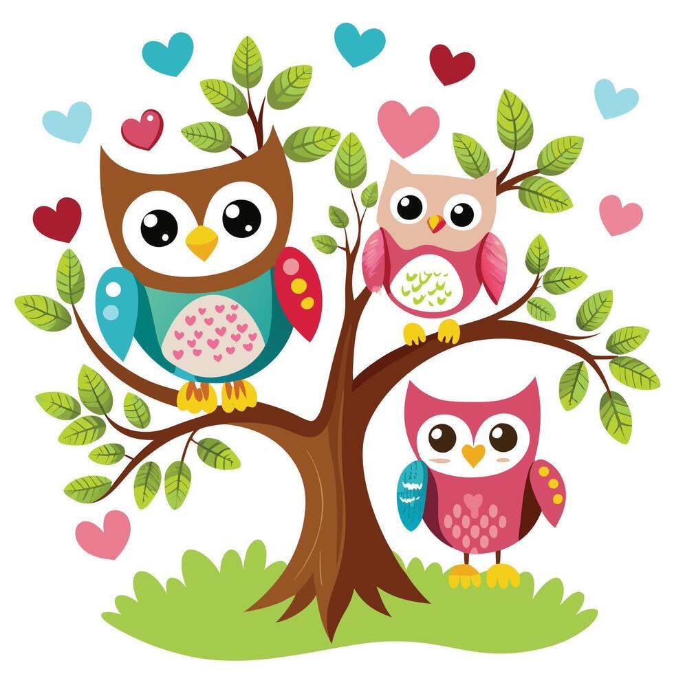 Lovely Owls on a Tree with Colorful Hearts - Sweet and Playful Illustration vector