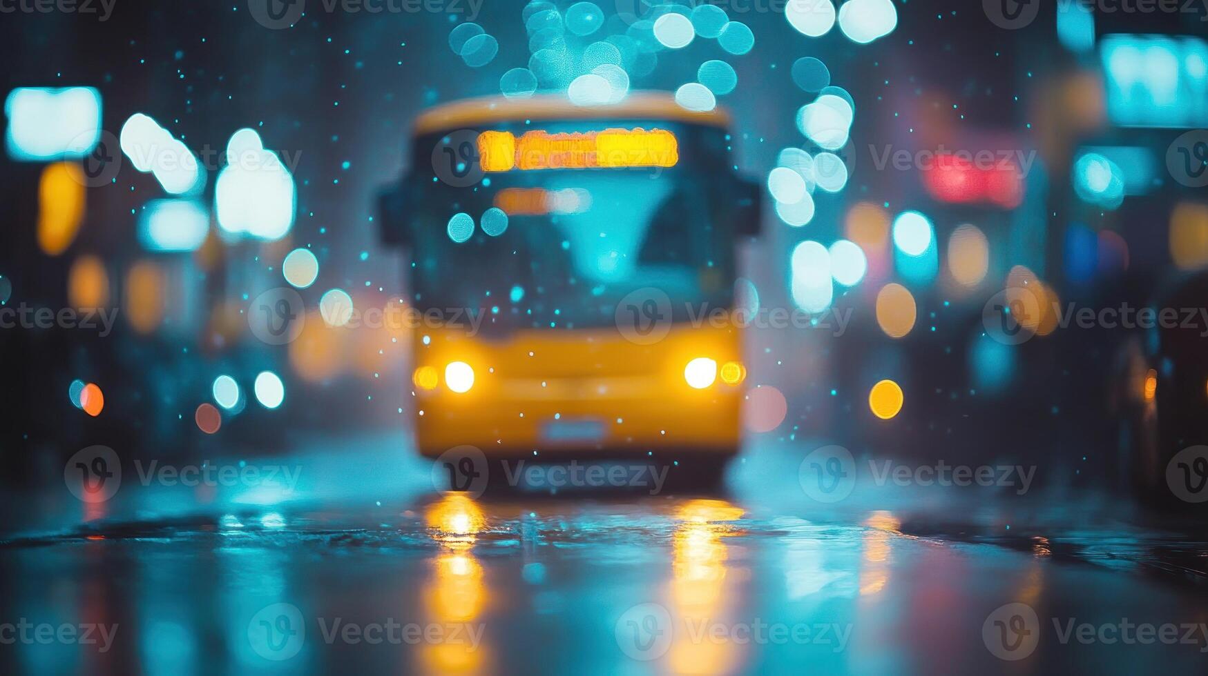 A yellow bus drives down a rainy street, vibrant lights reflecting on the wet pavement photo