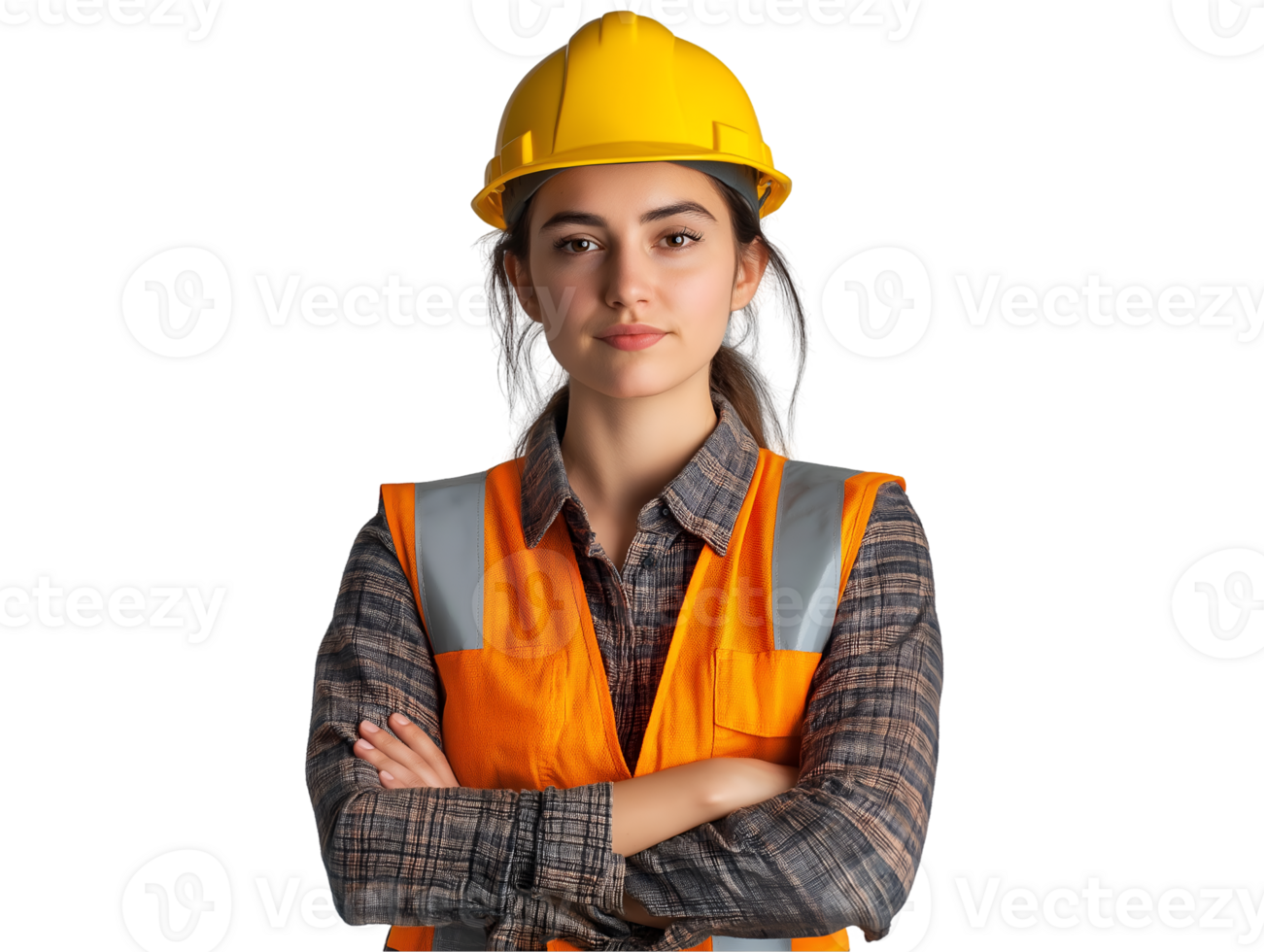 A female construction worker wearing an orange vest and hard hat png