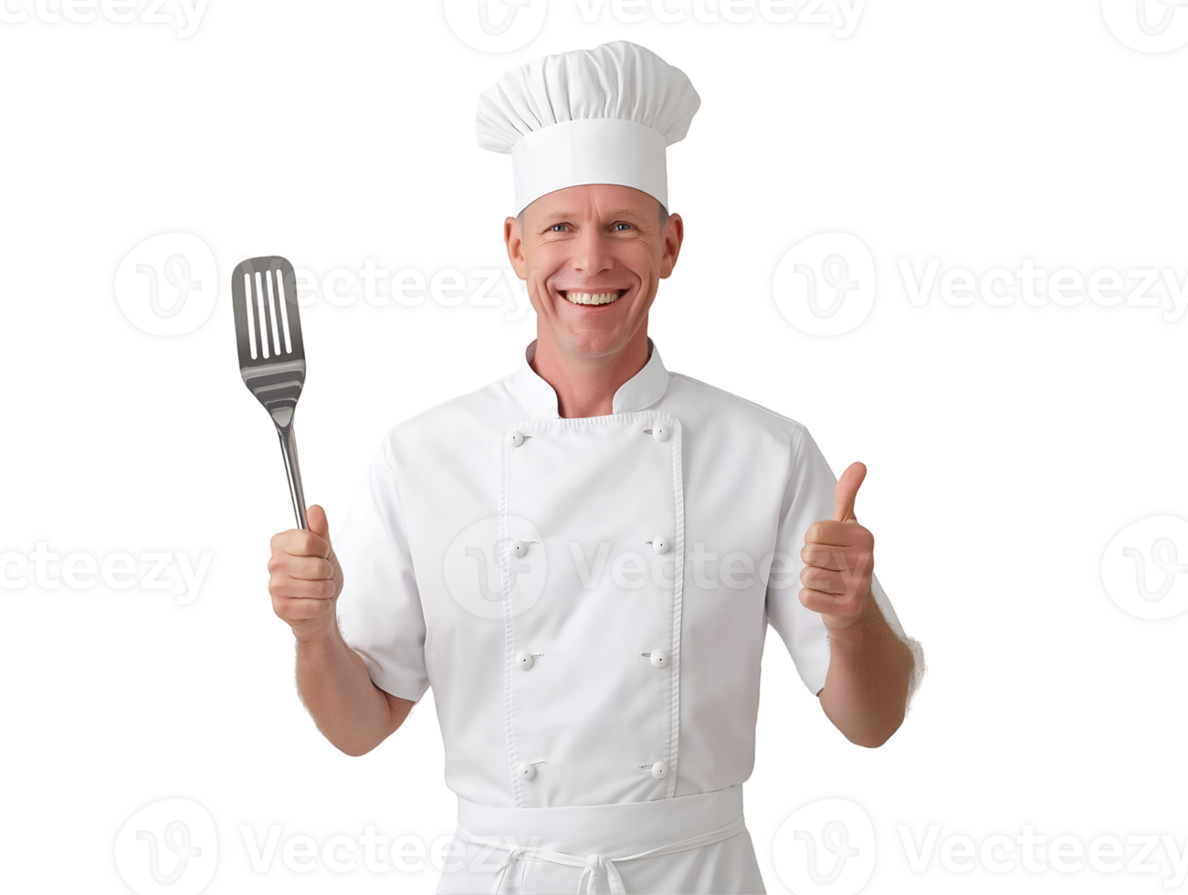 A smiling man in a chef's uniform holding a spatula png