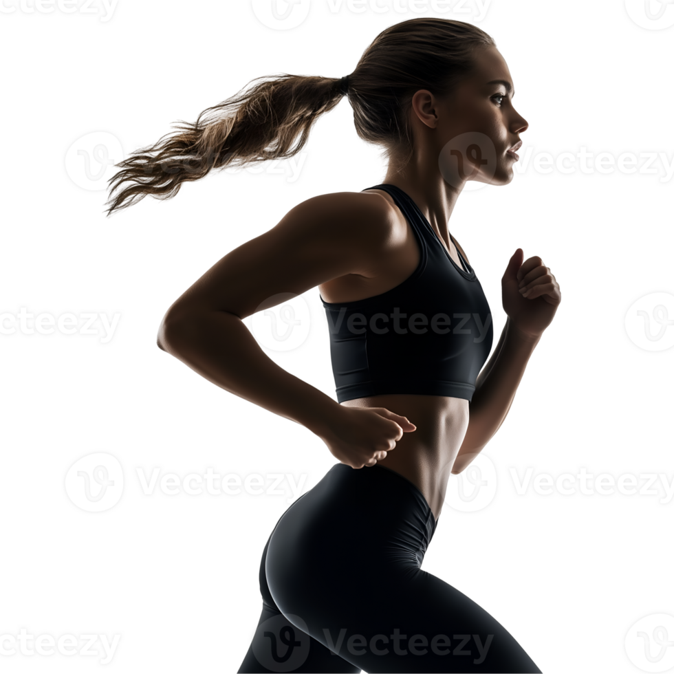 A woman in a sports bra top and leggings running png