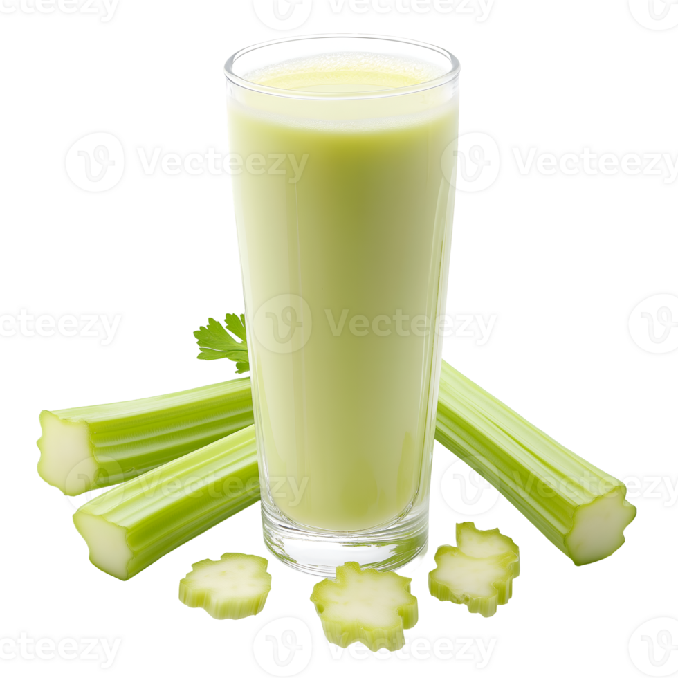 A glass of green juice with celery and celery png