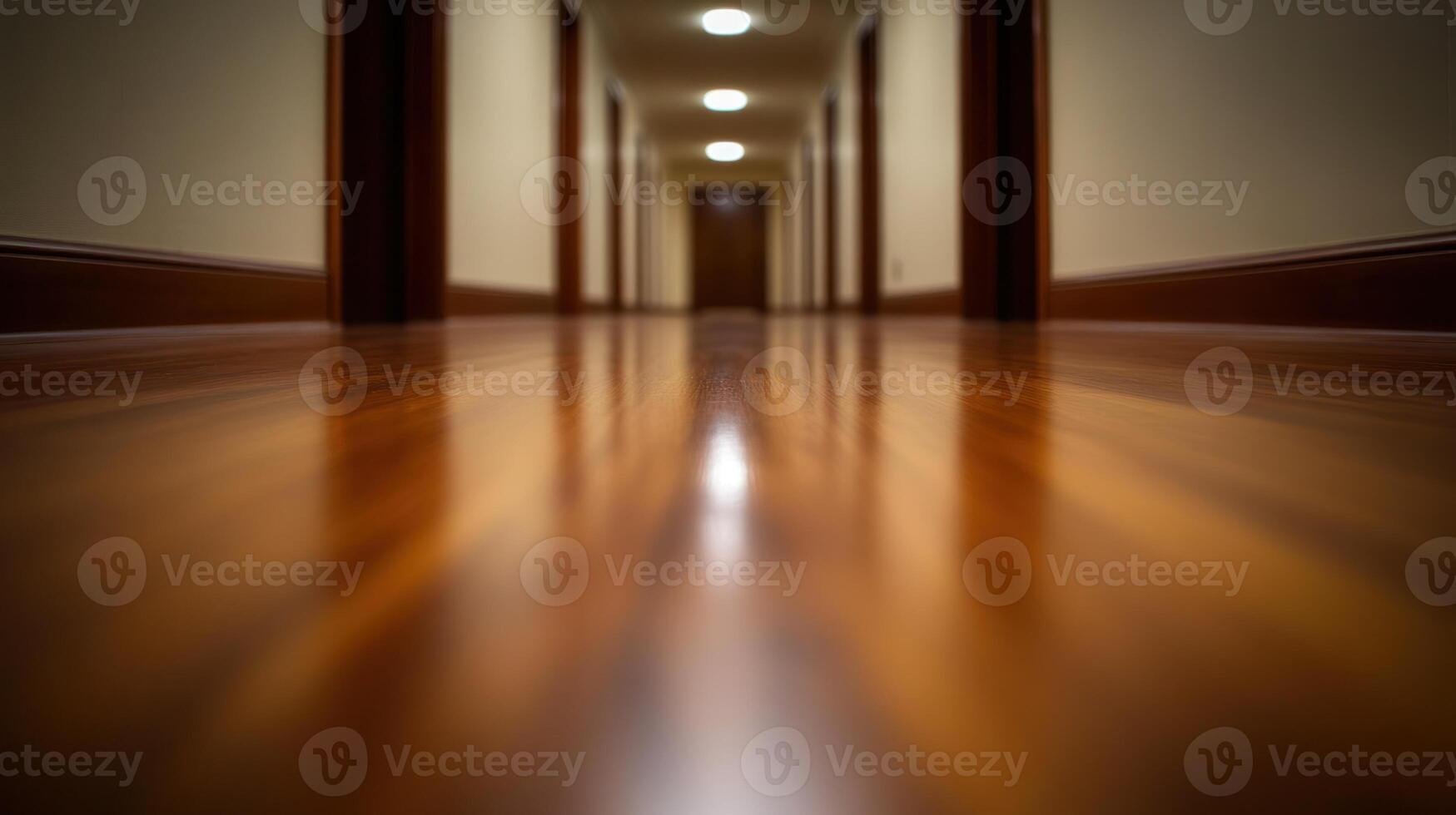 Soft light illuminates the polished wooden floor of a long hallway in a quiet building at night photo