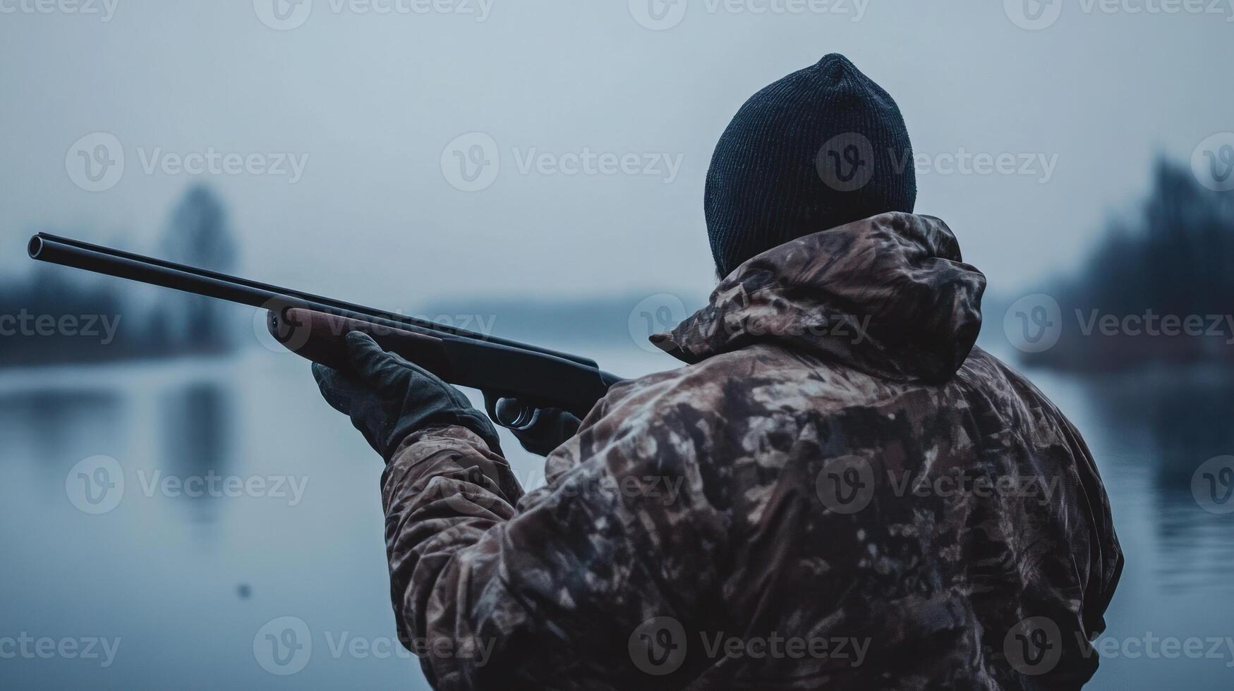 Man dressed in camouflage holds a shotgun, focused on the tranquil lake in early morning light photo
