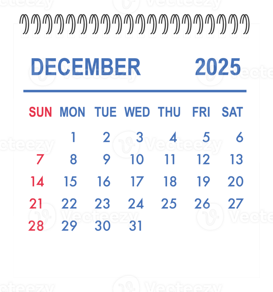 December 2025 calendar page showing days, weeks and months png
