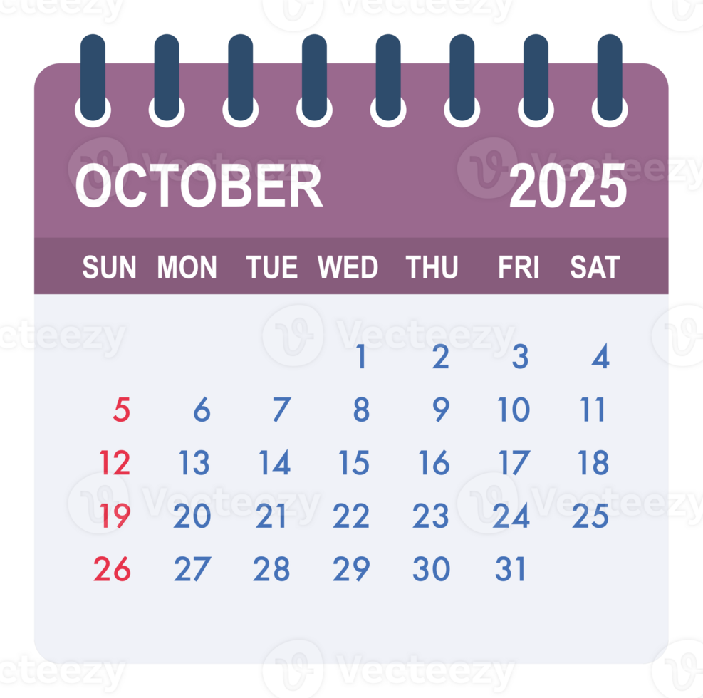 October 2025 tear off calendar page showing days and dates png