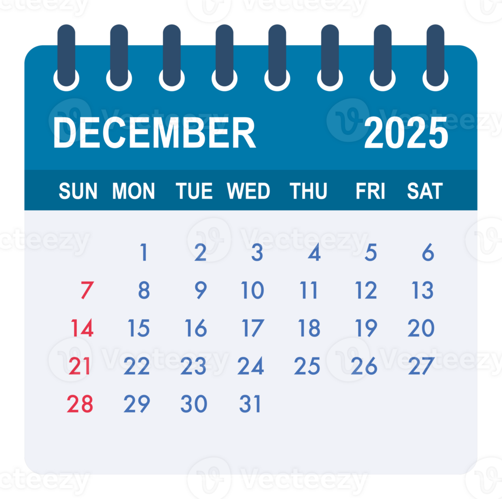 December 2025 calendar page showing days, weeks and month png