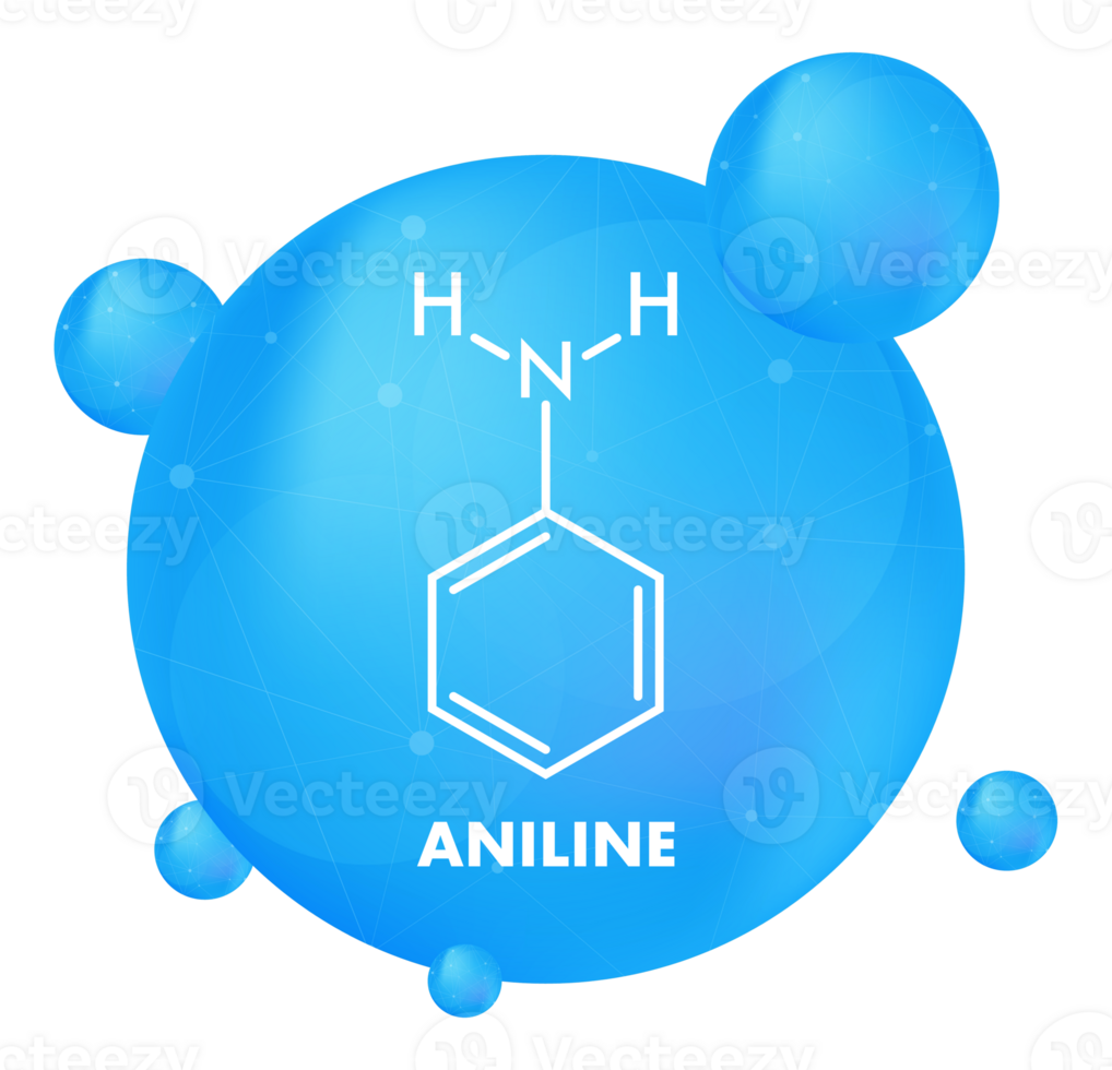 Aniline molecule structure with blue spherical background png